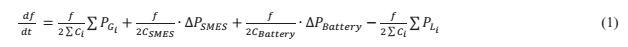 Equation for microgrid frequency deviation as a function of generation, SMES, battery and load power