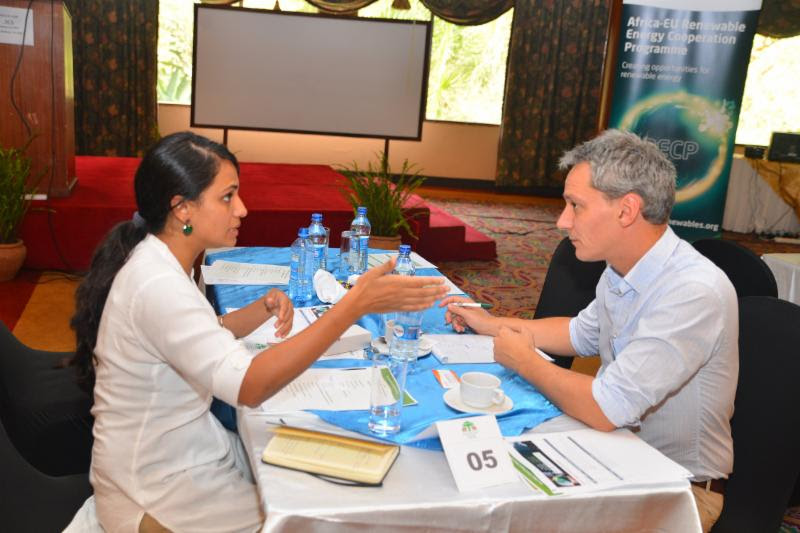 Two participants in a one-on-one meeting at an Africa-EU Renewable Energy Cooperation Programme event